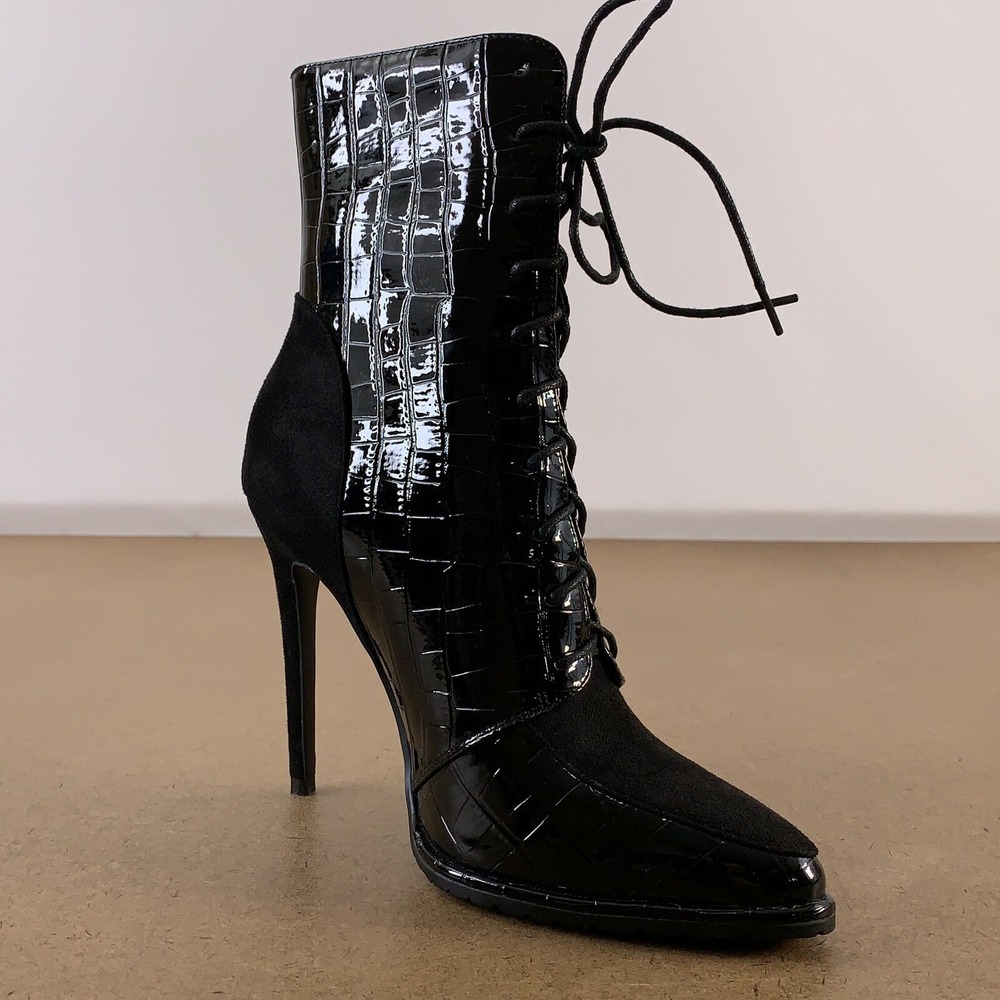 Shane Justin Women's Shoe Size 39 (US 8) Shiny Black Stiletto Lace Up Boots New - Picture 2 of 10